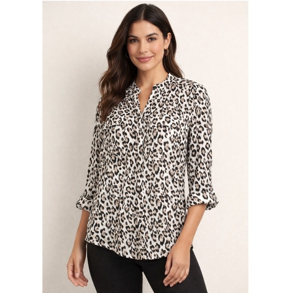 Jones New York Linen Leopard Print Button-Down Shirt in Black and Cream Size PM